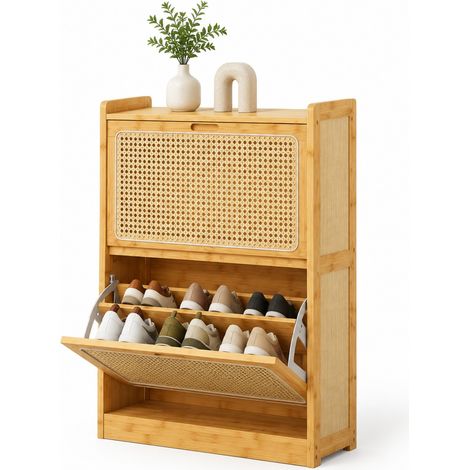 Meuble à chaussures en bambou 12-14 paires, 2 compartiments abattants, 69x29x83 cm (1/5)