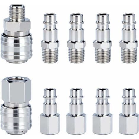 Raccord Rapide de Compresseur 1/4"BSP Coupleur Pneumatique d'air Kit Raccords de Tuyau Connecteur Homme Femme 10 Pièces (1/4)