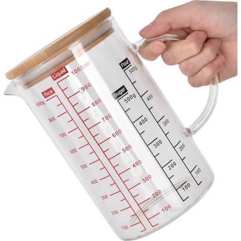 Tasse à mesurer en verre borosilicate avec bec verseur en V, graduation transparente et prise en main confortable, 1000 ml (1/5)