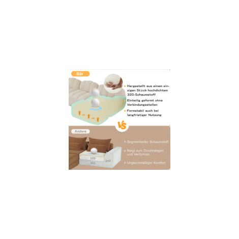 Canapé modulaire 3 places – Angle en L sans cadre, forme coque, 2 poufs, coussins profonds, beige et blanc – Espace cosy sur mesure (1/5)