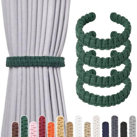 Lot de 4 embrasses de rideaux en corde de coton naturel style fermier rustique décoratif attaches de rideaux tressées à la main pour la maison rideaux transparents/légers (C-Vert Foncé) (1/5)
