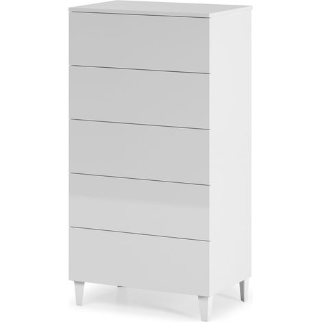 Pegane – Chiffonnier blanc brillant 5 tiroirs – Dimensions 117 x 61 x 40 cm – Meuble contemporain en bois – Rangement élégant pour vêtements