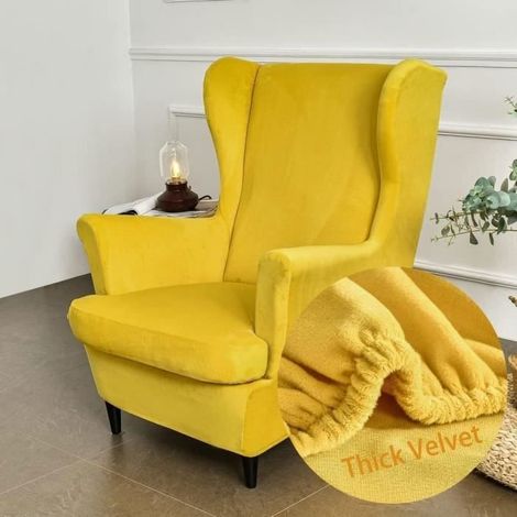Velours Housse de Fauteuil à Oreilles Extensible 2-Pièces Couverture de Fauteuil avec Housse de Coussin en T,Jaune (1/4)