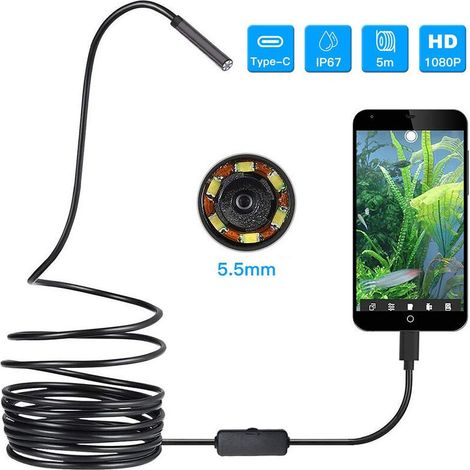 Endoscope USB 3-en-1 de 5,5 mm, ultra-mince, étanche, avec Micro USB et Type-C, caméra d'inspection serpent pour OTG, Android, PC, Windows et Mac, avec câble semi-rigide de 5 m (16,4 pi). (1/5)