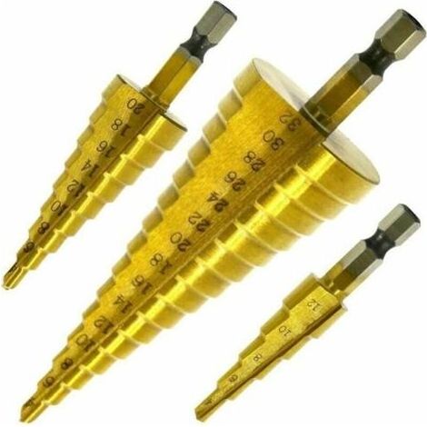 Set De 3 Foret Fraise Meche Etage, Inox Metal, 4-12/20/32Mm, Triangle Conique Titane, Avec Tige Hexagone, Pour Visseuse Percage Sur Acier, Laiton, Bois, Plastique (1/4)