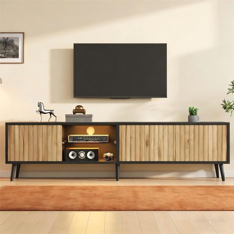 Meuble TV LED 175x31x43.5 cm, Banc TV design pour salon et chambre jusqu'à 75 pouces, avec 3 portes et étagère en verre, Bois naturel et noir (1/5)