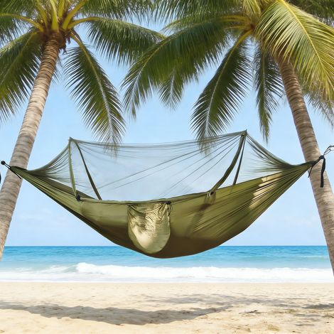 (Vert foncé, 260x140cm) Hamac de camping avec moustiquaire, adapté aux randonnées et aux excursions en pleine nature. (1/2)