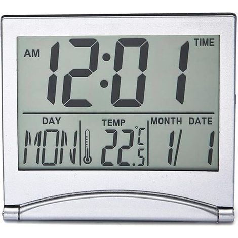 Reloj despertador digital de sobremesa plateado con pantalla LCD de temperatura. (1/5)