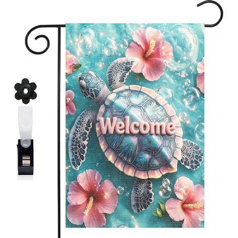 Drapeau de jardin 30 x 45 cm motif tortue marine et ambiance océanique toile double face extérieure (1/5)