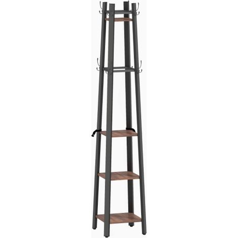 Portant à vêtements style industriel en métal et panneaux de particules marron, 4 niveaux autoportant avec 8 crochets et 4 étagères, solide et décoratif (1/3)