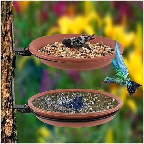 2 PCS Abreuvoir Oiseaux,Mangeoire pour Oiseaux Exterieur Et Bain d'oiseaux,Abreuvoir pour Oiseaux Balcon,Distributeur Nourriture pour Oiseaux Sauvages,Baignoire à Oiseaux, (Brun)