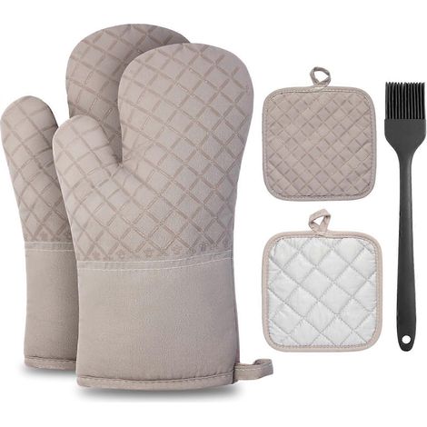 Ensemble de 5 maniques et gants de cuisine, résistants à la chaleur et dotés d'une surface antidérapante en silicone marron (1/5)