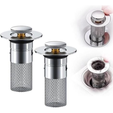 Filtre de siphon de sol en acier inoxydable (2 pièces), bouchon crépine avec filtre à cheveux, bouchon escamotable avec 2 joints (1/4)