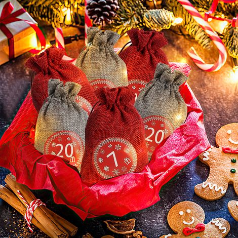 Randaco 24 Calendario de Adviento de tela-Bolsa,24 pegatinas digitales,DIY Navidad Regalos Bolsas a,Colgantes decorativos Bolsas, Pequeños Objetos Bolsa de Almacenamiento,rojo/gris
