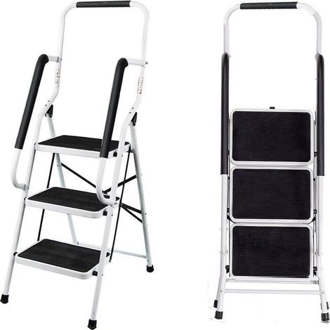 Dayplus – Escabeau 3 marches pliable avec main courante de sécurité – Capacité 150kg – Pieds antidérapants – Dimensions 47x66x130,5cm