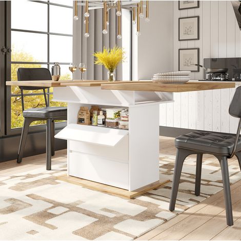 Tavolo allungabile 110-140 x 80 x 75 cm con vano contenitore, MDF e metallo, bianco/naturale HAVRYA (1/5)