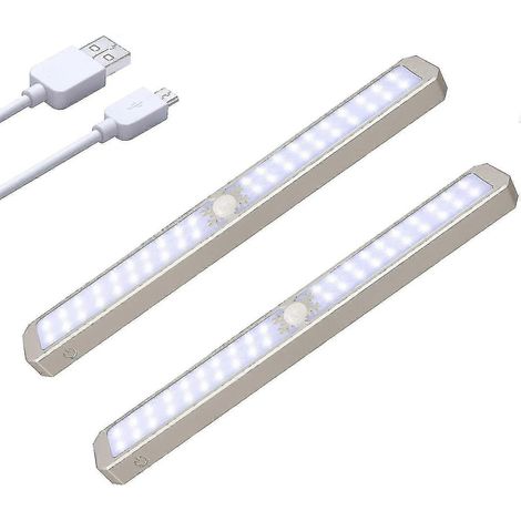 Barre lumineuse LED sous meuble avec détecteur de mouvement, rechargeable par USB, pour bureau ou couloir (lot de 2), couleur argent (1/4)