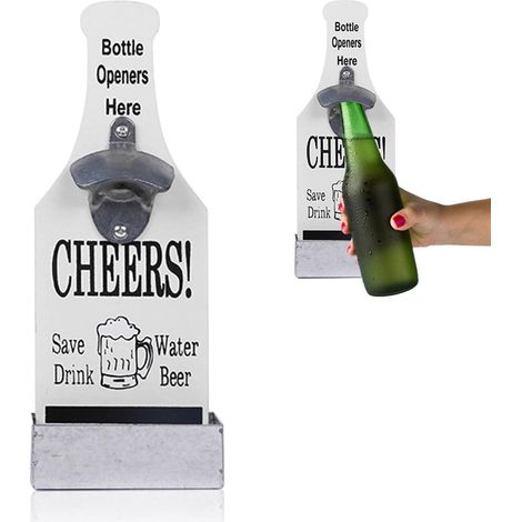 Ouvre-bouteille mural avec récipient de récupération, tire-bouchon mural pour bar, cuisine, terrasse - cadeau pour homme (Blanc)