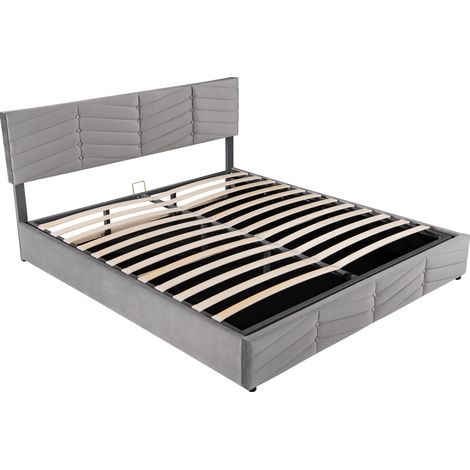 Cama doble tapizada hidráulica en terciopelo gris 160 x 200 cm, cabecero ajustable (1/5)