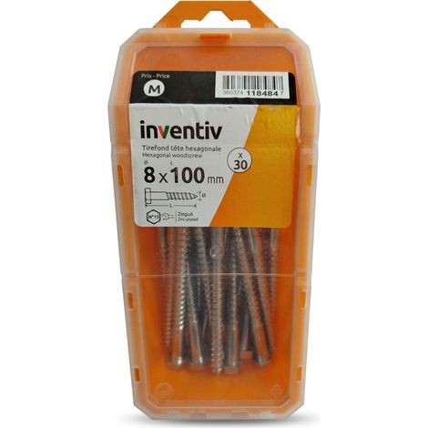 Lot de 30 - INVENTIV - Tirefond tête hexagonale - 8x100mm - Acier zingué haute résistance - Voir photos (1/2)