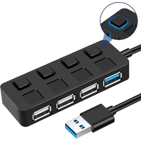 USB 3.0-Hub mit vier Ports und individuellen Schaltern, 480 Mbit/s, Plug & Play, kompatibel mit Computern und Smartphones