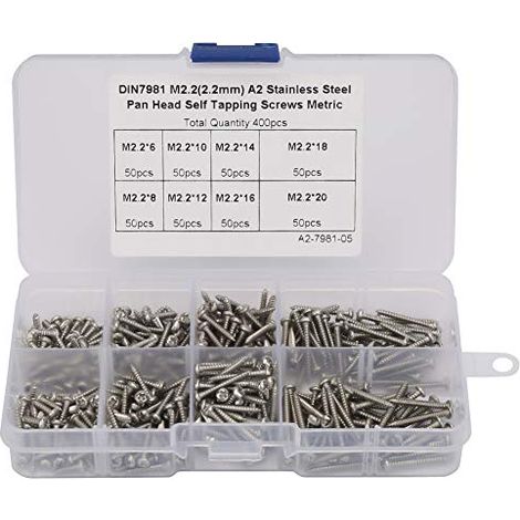 Kit assortimento di 400 viti autofilettanti M2.2 in acciaio inossidabile ad alta resistenza.
