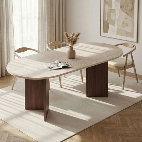 BELORA XL Table à manger extensible ovale couleur beige et bois foncé 160-200 cm