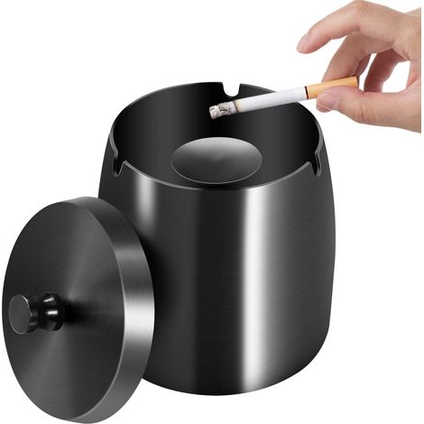 Posacenere da esterno con coperchio, base antiscivolo in acciaio inox, ideale per casa, ufficio, patio o balcone (nero)