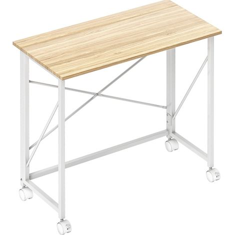 Bureau pliant sur roulettes gain de place, plateau MDF et structure métal, 80 x 40 x 75 cm, pour petit espace, chambre ou bureau, bois clair, CHICFURN (1/5)