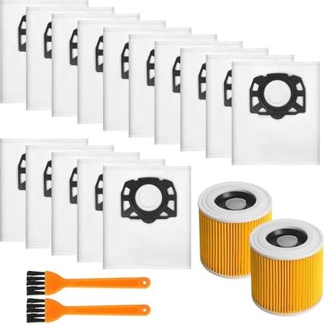 Lot de 19 Pièces – 15 Sacs d’Aspirateur+ 2 Filtre +2Filterbürste,pour Kärcher KFI 357, WD 2 Plus,WD2, WD3, KWD 1-3, SE4002,SE4001, – 2.863-314.0 Filtre pour Kärcher WD2,WD3 Set d'Accessoires (1/5)