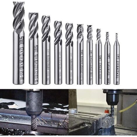Jeu de 10 forets à quatre goujures - Fraises de 2 à 12 mm - HSS - pour usinage CNC, pour le perçage du bois, de l'aluminium, de l'acier et du titane (1/4)