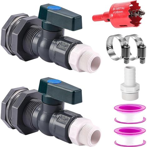 Lot de 2 robinets de citerne d'eau de pluie 3/4", en PVC, avec raccord de cloison, adaptateur de tuyau et ouvre-trou (25 + 16 mm) (1/5)