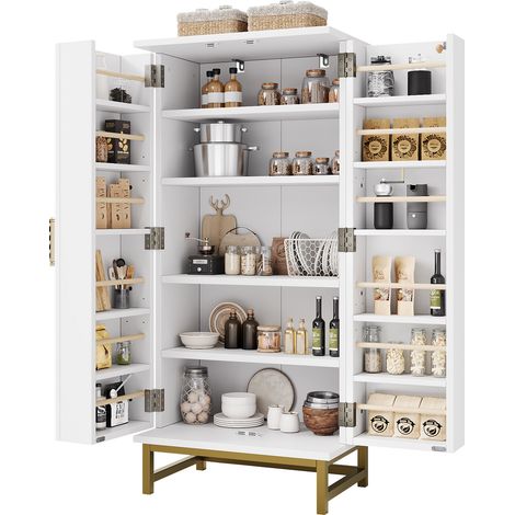 Buffet de cuisine blanc avec 2 étagères réglables, rangements de porte et style élégant pour petite cuisine ou salle à manger, 60 × 40 × 130 cm  CHICFURN (1/5)