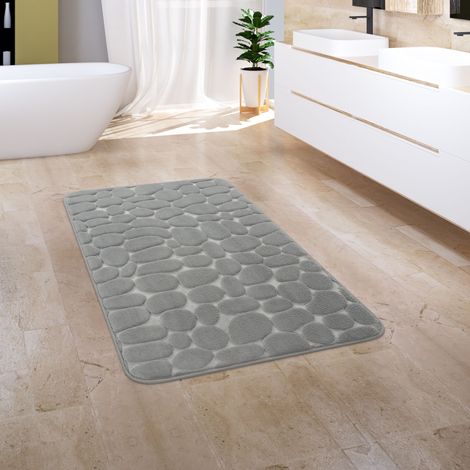 Paco Home Badematte Badezimmerteppich Waschbar Rutschfest Memory Foam Stein Optik Uni Grau 65x120 cm