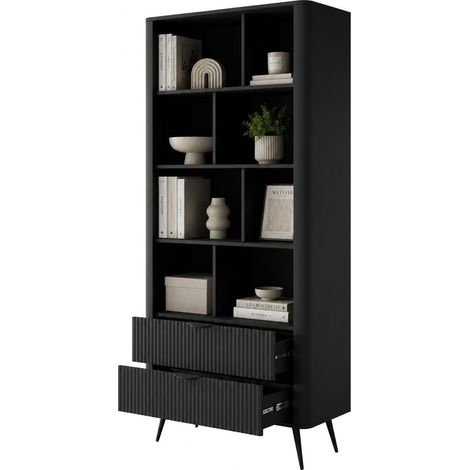 Libreria Kabavasi, Biblioteca 2 Cassetti, 4 Ripiani, con Piedini, 88x38x194h cm Nero