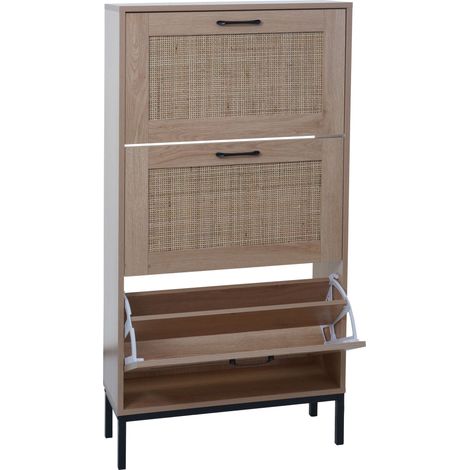 [NON UTILIZZATO] Scarpiera HHG-703, ribaltabile, salvaspazio 3 scomparti fronte rattan in melamina, 126x63x24cm, aspetto rovere (1/5)