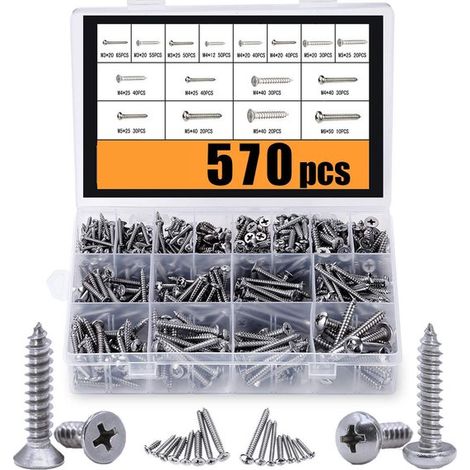 Sortiment an selbstschneidenden Schrauben 570 Stück M3 M4 M5 M6 304 Edelstahl-Blechschraubensatz Sortiment an Holzschrauben 570 Stück mit 285 mit (1/5)