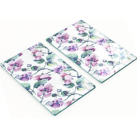 Tablas de cortar y servir decorativas de vidrio con dise帽o de flores de mora, 2x30x52 cm.