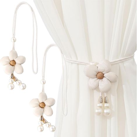 Beige Embrasse Rideau, 2 Pièces Attache Clips, Corde en Forme de Fleur avec Boule de Perle, Décoratives Rideaux, pour Chambre Bureau Hôtel Décoration de Fenêtre (1/5)