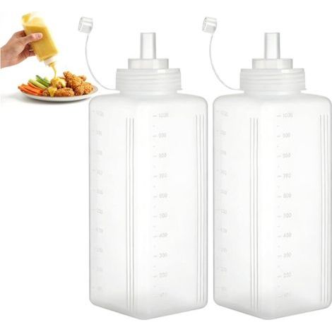 Bouteille à Sauce Squeeze 1000ml 2PCS- Sauce Distribuée en Plastique Avec Etiquettes et Brosse - Flacon Doseur Pratique pour Ketchup, Huile, BBQ et Plus (1/5)