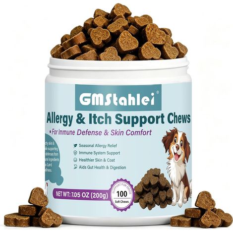 Complément Alimentaire pour Chien, 100 Bouchées à Mâcher pour Peau Sensible et Léchage des Pattes avec Oméga-3, Colostrum (1/5)