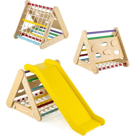 COSTWAY Set 4 in1 Arrampicata per Bambini, Arrampicata a Triangolo con Scivolo, Set di Arrampicata in Legno per Interni e Esterni con Rete di Arrampicata, Carico 60kg, 1 Anni+ (Colorato) (1/5)