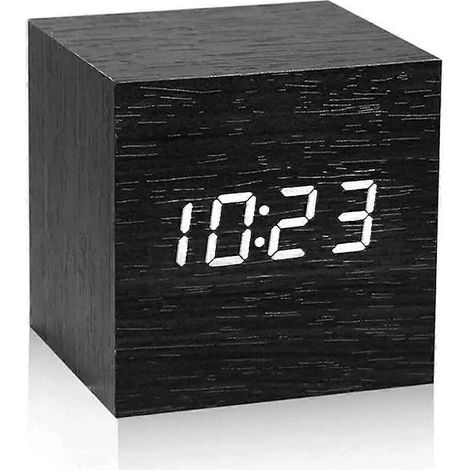 Réveil numérique en bois noir avec lumières LED blanches réveil électronique fonctionne sur piles.