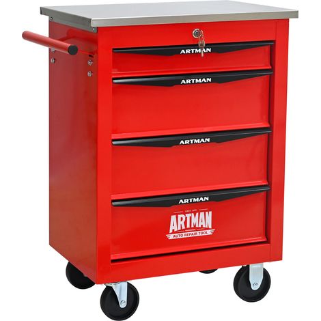 Chariot à outils multifonction à 4 tiroirs avec roues, chariot de rangement roulant en métal pour garage, atelier, entrepôt, atelier de réparation, avec plateau supérieur en acier inoxydable - Rouge & (1/5)
