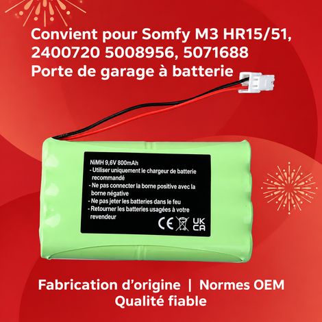 Batterie de secours Ni-MH 9,6V 800mAh pour motorisation de portail Somfy v800mah 5000 800 100 17 × 6,5 × 5,5 cm 200 g – Livraison gratuite (1/5)