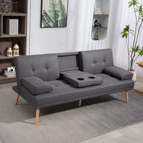Canapé convertible 3 places, canapé-lit rembourré avec dossier réglable 3 niveaux, 2 coussins et 2 porte-gobelets intégrés, tissu de lin, pour salon, chambre d'amis, petit espace, gris foncé (1/5)