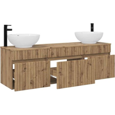 Meuble de Salle de Bain 3 Pièces en Chêne Massif Artisanal, Ensemble Vasque avec Miroir et Armoire de Rangement, Style Rustique Élégant pour WC (1/5)