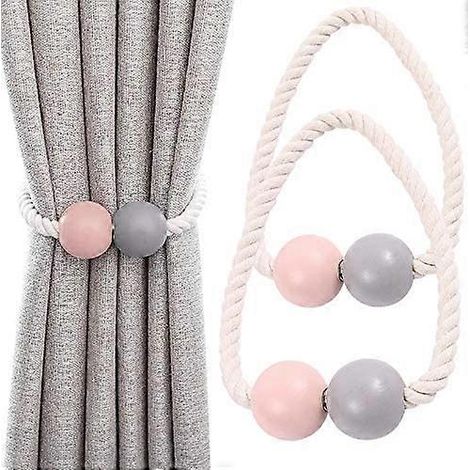 Lot de 2 embrasses magnétiques pour rideaux, fixations en bois, pour la maison, la chambre d'étudiant, le bureau, la décoration de fenêtre, rose et gris. (1/4)