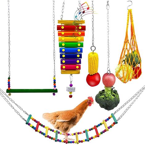 Ensemble de 6 pièces pour poulailler : balançoire pour poules, xylophone et échelle colorée pour perroquet et poule. (1/4)