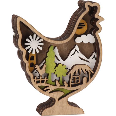 Ornement en bois sculpté représentant une poule et un paysage de montagne, modèle de décoration intérieure raffiné et coloré. (1/5)